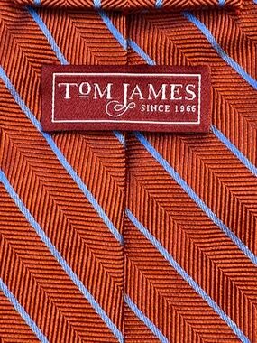 Tom James Men's Rust Orange & Blue Striped Herringbone Silk Tie